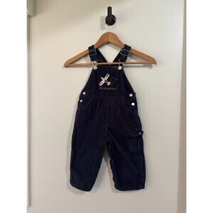 Vintage Navy Blue Corduroy Bib Overalls Embroidered Airplane Canyon River Blues